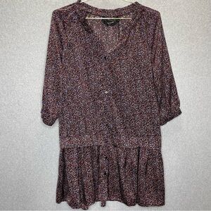 Code x Mode Drop Waist Button Front Ruffle Skirt Satin V Neck Dress